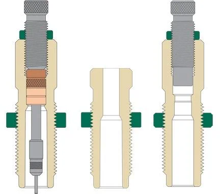 Redding 6.5 PRC Type S Neck Die Set, cutaway diagrams of two dies and center bushing
