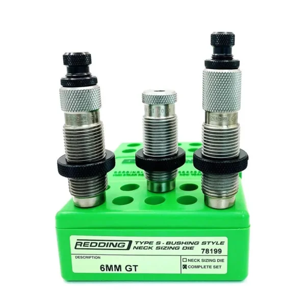 Redding 6mm GT Type-S 3-Die Neck Sizing Set, three silver dies in a green holder