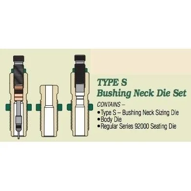 Redding Type S Bushing Neck Die Set, beige label with die diagrams, front view