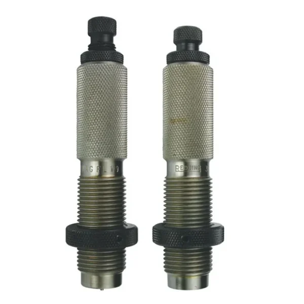 Redding Full Length Die Set, two silver knurled reloading dies standing upright, front view