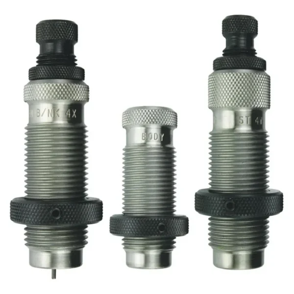 Redding Type S Neck Die Set, front view of three silver and black threaded dies