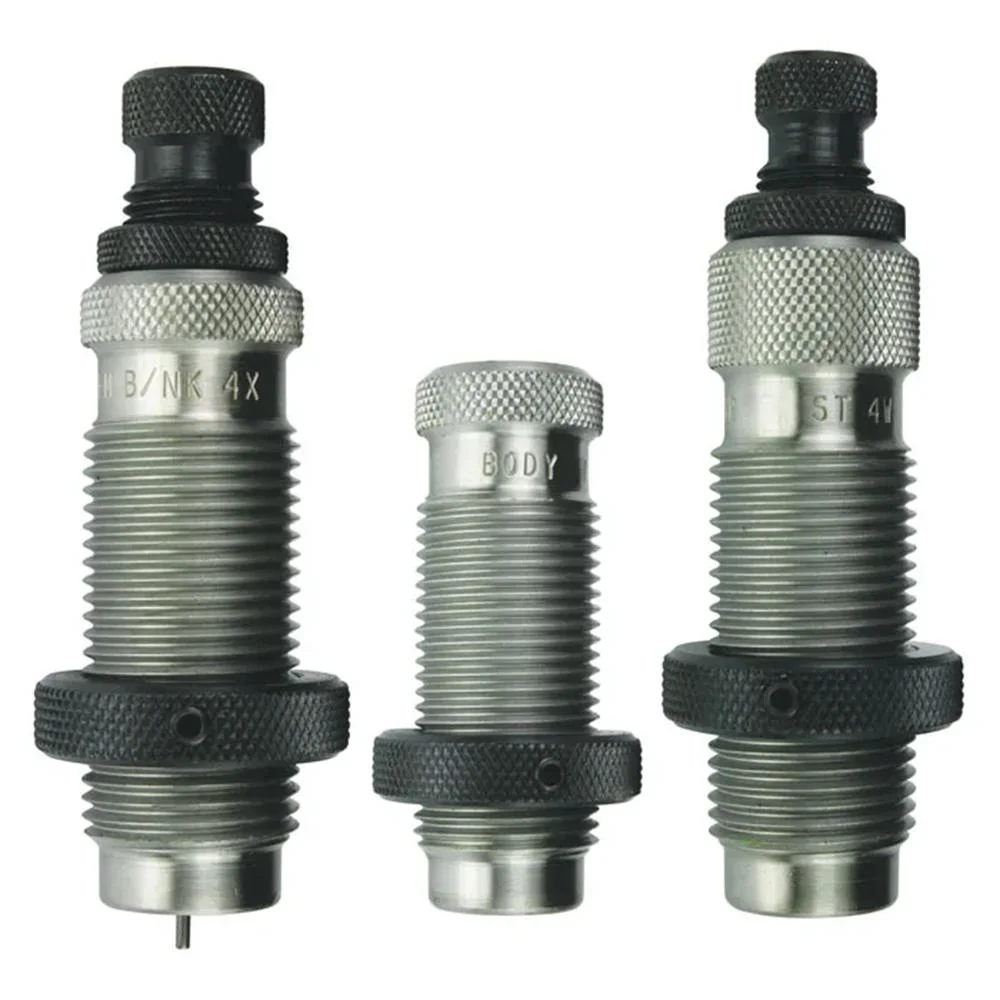 primary-34107 Redding Type S Neck Die Set, front view of three silver and black threaded dies