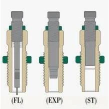 Redding Series-A 3-Die Set for Straight-Wall Cases .45 ACP, cutaway diagrams of three dies