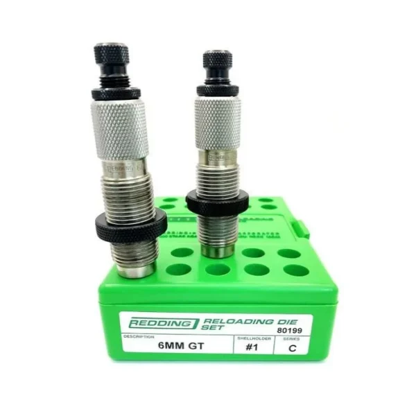 Redding 6mm GT Full Length Die Set, two silver dies upright in a green holder