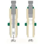 Redding Series D Full Length Die Set for Bottleneck Cases, cutaway diagrams of two dies