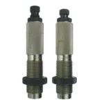 Redding Full Length Die Set, two silver dies with knurled bodies and black adjustment caps