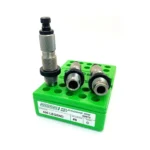 Redding 400 Legend Three Die Set with three silver dies displayed in a bright green case