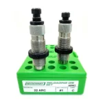 Redding 22 ARC Full Length Die Set with two silver dies upright in a green holder