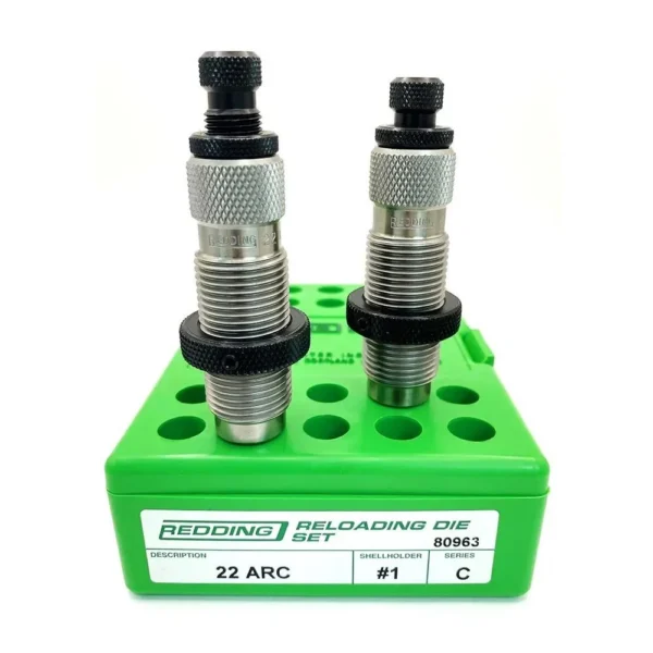 Redding 22 ARC Full Length Die Set with two silver dies upright in a green holder