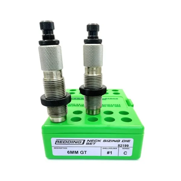 Redding 6mm GT Neck Sizing Die Set, two silver dies upright in a green holder