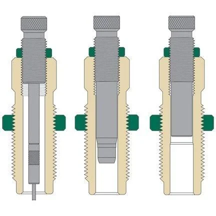 Redding Titanium Carbide Pistol Die Set 10mm, cutaway diagrams of three dies in gray, cream and green