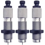 Redding Deluxe Die Set for Bottleneck Cases, three silver dies with blue adjustment knobs