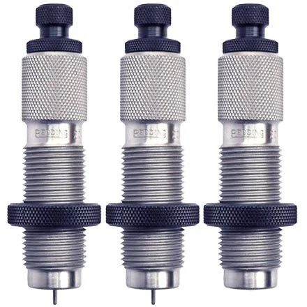 Redding Deluxe Die Set for Bottleneck Cases, three silver dies with blue adjustment knobs