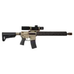 Q LLC Q Sugar Weasel Rifle, left-side view in black and tan with magazine and mounted optic
