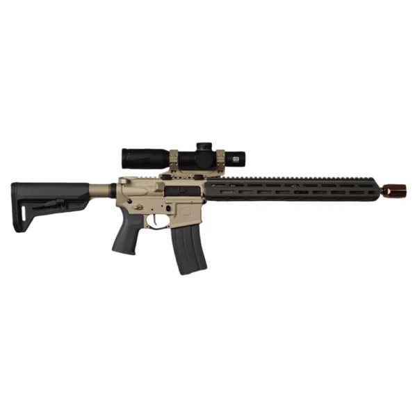 Q LLC Q Sugar Weasel Rifle, left-side view in black and tan with magazine and mounted optic