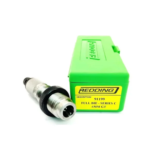 Redding 6mm GT Full Length Sizing Die, silver die beside a bright green box