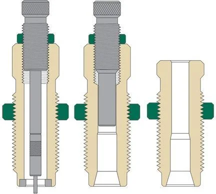 Redding Carbide Pro Series Die Set, cutaway diagrams of three dies with threaded bodies