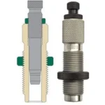 Redding Premium Neck Expander Die, silver, front view beside a cutaway diagram