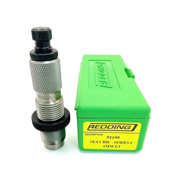 Redding 6mm GT Seating Die, silver die with black adjustment knob beside green storage case
