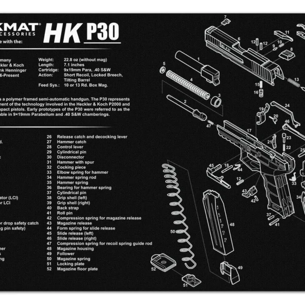 Gsm TekMat Heckler & Koch P30 black cleaning mat with white parts diagram and text