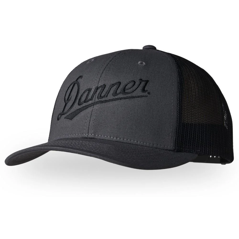 primary-34305 Lacrosse Danner Embroidered Trucker Hat, black front view with curved brim and mesh back
