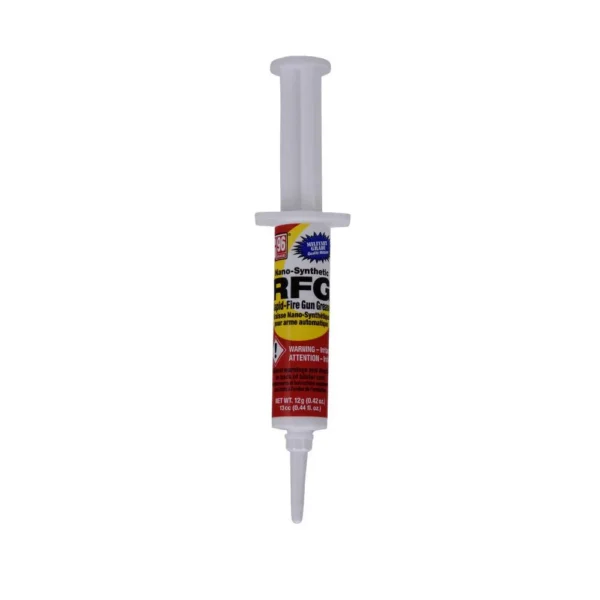 G96 Rapid Fire Gun Grease syringe upright with labeled barrel, white plunger and narrow tip