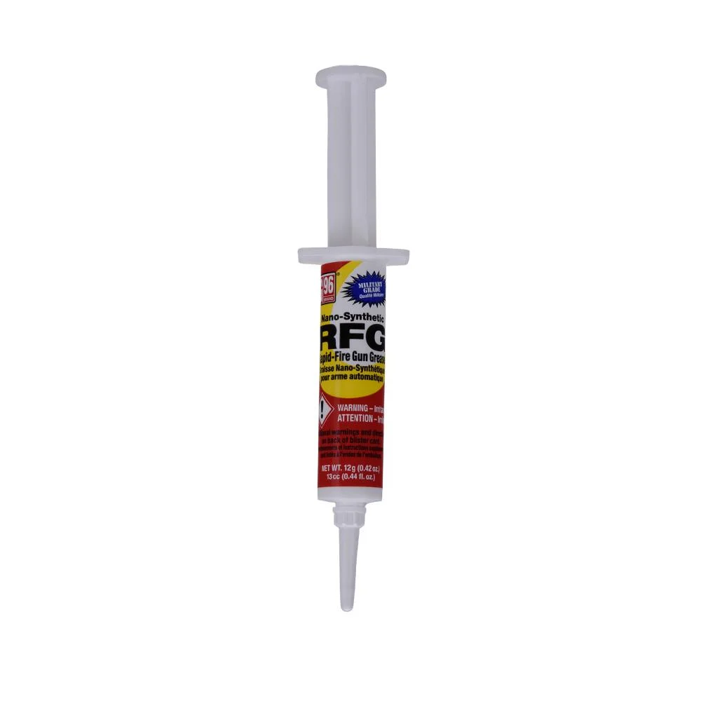 primary-34503 G96 Rapid Fire Gun Grease syringe upright with labeled barrel, white plunger and narrow tip
