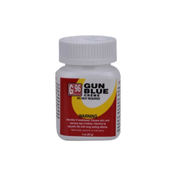 G96 Gun Blue Creme, white bottle with gray ribbed cap and red, yellow and black label