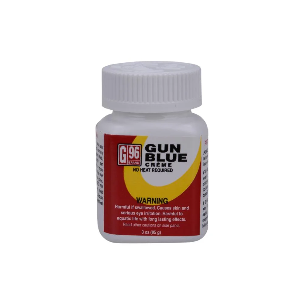 primary-34505 G96 Gun Blue Creme, white bottle with gray ribbed cap and red, yellow and black label