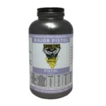 Shooters World Major Pistol dark powder bottle, front view with white and purple label
