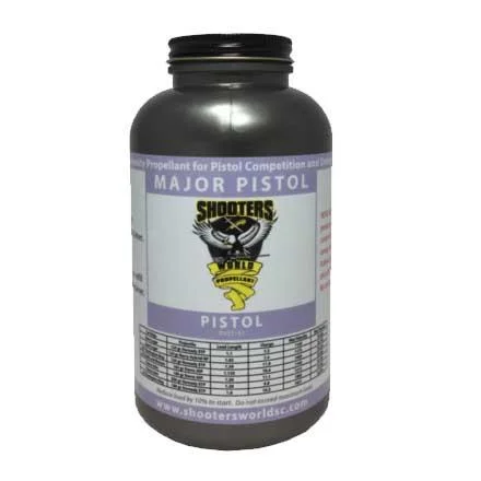 Shooters World Major Pistol dark powder bottle, front view with white and purple label
