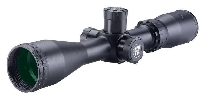primary-34526 BSA Sweet .17 SP rifle scope, black angled side view with objective lens and adjustment turrets