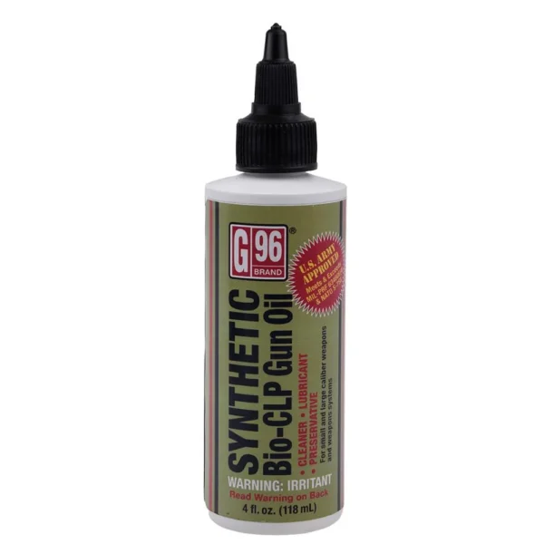 G96 Synthetic Bio-CLP Gun Oil, front view of gray bottle with black nozzle cap