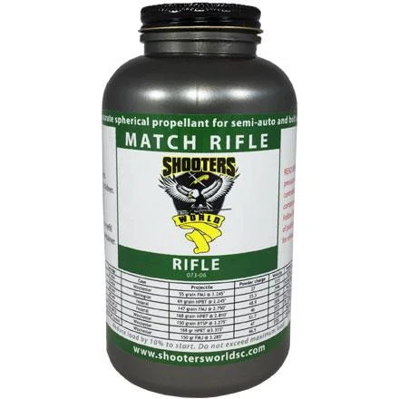Shooters World Match Rifle Powder, front view of black bottle with green and white label