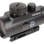 BSA Huntsman matte black dot sight, angled side view with adjustment dials and rail mount
