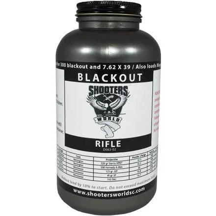 Shooters World 300 Blackout Rifle Powder 1lb, black bottle with white Blackout Rifle label