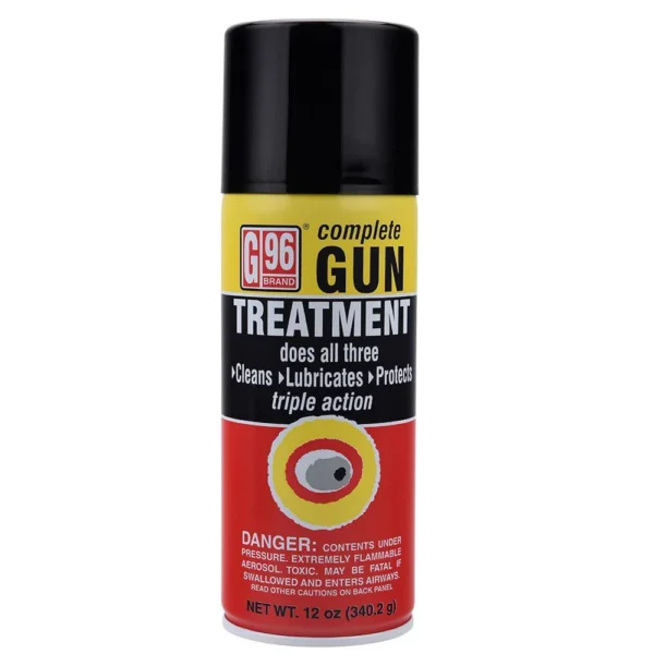 G96 Complete Gun Treatment, red and yellow aerosol can with black cap, front view
