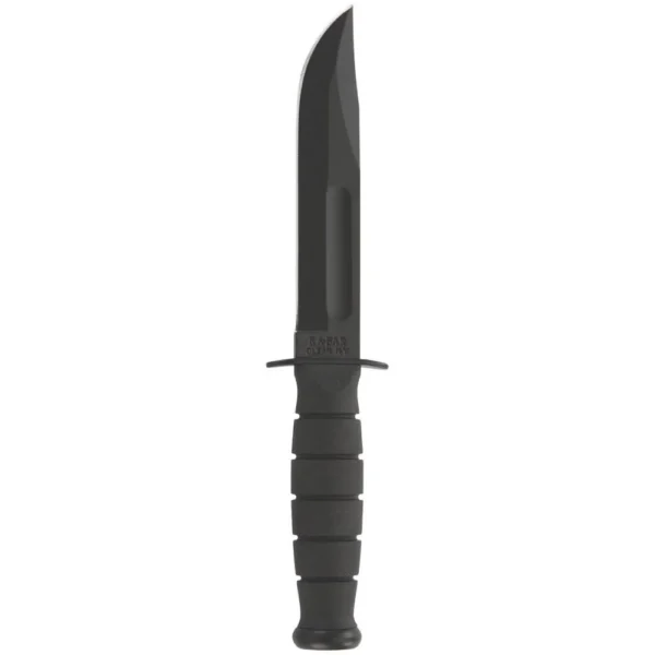 Ka-Bar Short Ka-Bar Fixed Knife, black front view with clip point blade and ribbed handle