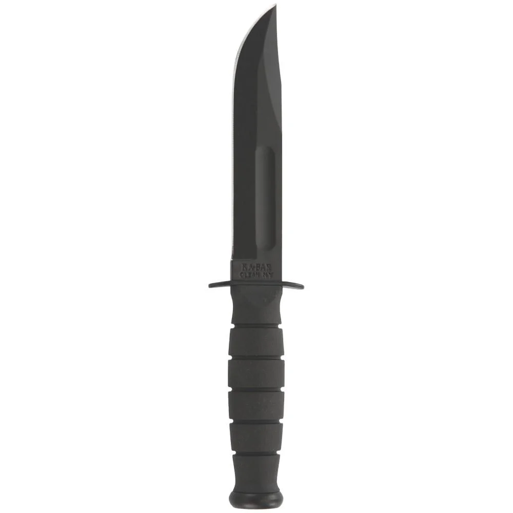 primary-34566 Ka-Bar Short Ka-Bar Fixed Knife, black front view with clip point blade and ribbed handle