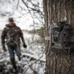 Wildgame Innovations Wraith Trail Camera, brown camera strapped to a tree in snow