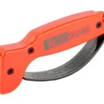 ACCUSHARP KNIFE SHRPNR ORANGE, side view of orange handheld sharpener with curved metal blade