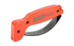 ACCUSHARP KNIFE SHRPNR ORANGE, side view of orange handheld sharpener with curved metal blade