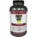 Shooters World Heavy Pistol Powder, front view of black bottle with white and burgundy label