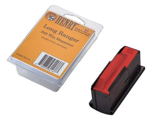 Henry Long Ranger Rifle Magazine, black magazine with red follower beside retail package