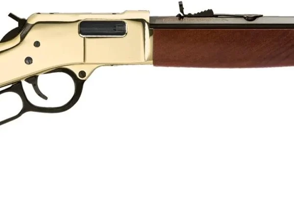 Henry Big Boy Classic rifle, left-side view with walnut stock, brass-tone receiver and black barrel