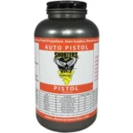 Shooters World Auto Pistol Powder, black bottle with red and white label, front view