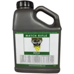Shooters World Match Rifle Powder, dark gray handled bottle with green and white front label
