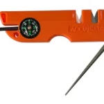 AccuSharp Outdoor Survival Tool orange side view with compass, notches and extended rods