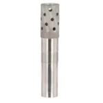 Jeb's High Voltage Waterfowl Ported Choke, upright silver side view with round ports