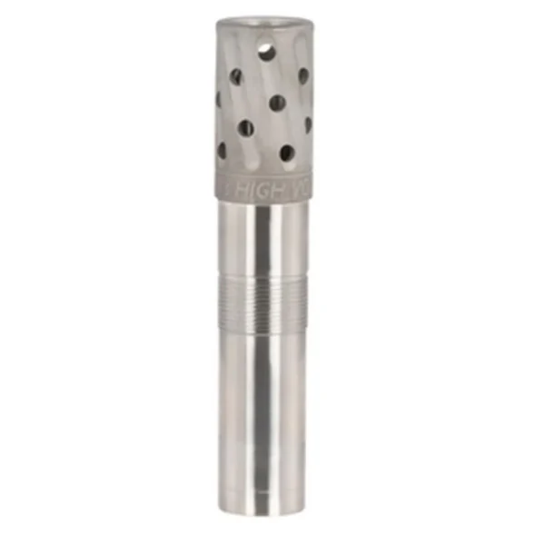 Jeb's High Voltage Waterfowl Ported Choke, upright silver side view with round ports